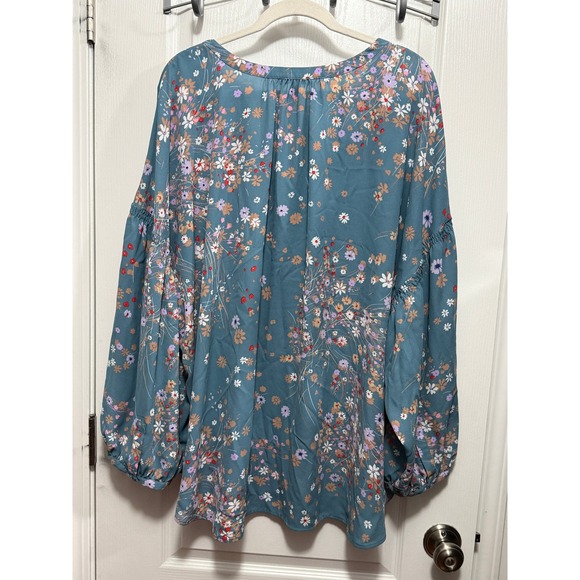 NYDJ Womens Plus Size 3X Teal Floral V-Neck 3/4 Sleeve Tunic Blouse‎ cottagecore - Picture 2 of 16